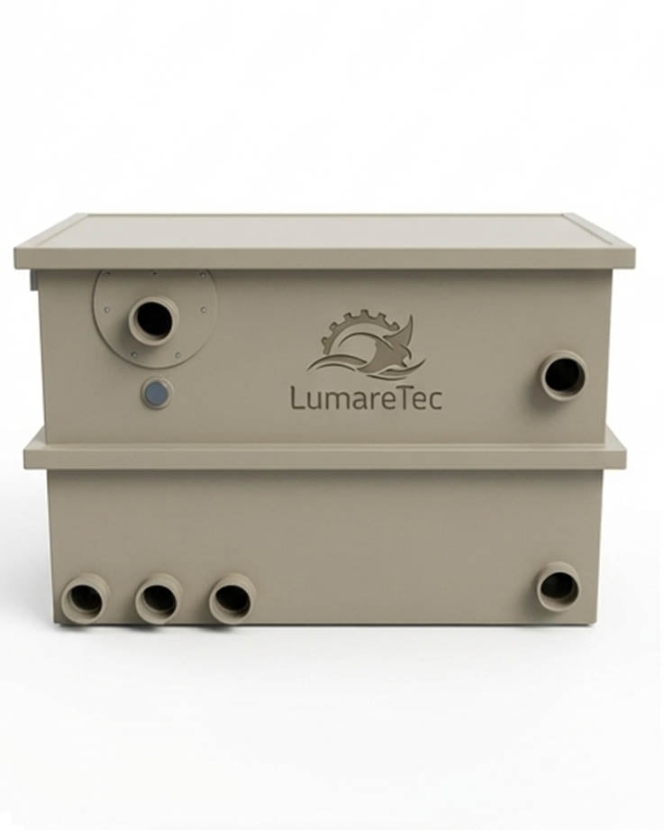 CLQ35B3 LumareTec Trommelfilter für Koi Teich Filteranlage Frontansicht mit seitlichen und unteren Anschlüssen in kompakter Bauweise