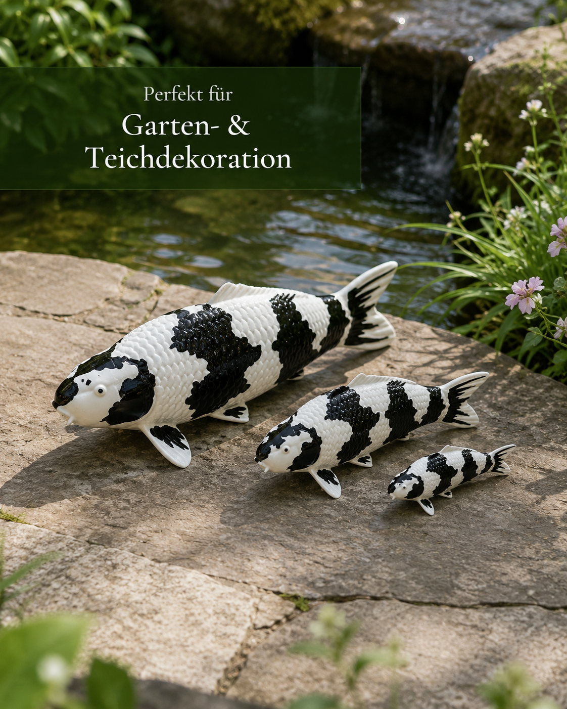 Limitierte Koi Figur Shiro Utsuri – handbemalte Koi Figuren stilvolle Teich- & Gartendekoration