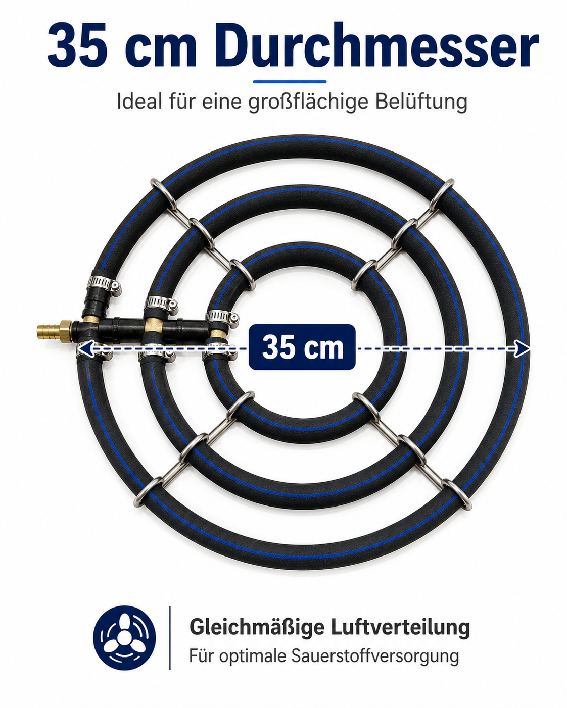 Abmessungen des Edelstahl-Belüfterrings mit drei Ringen und 35 cm Durchmesser