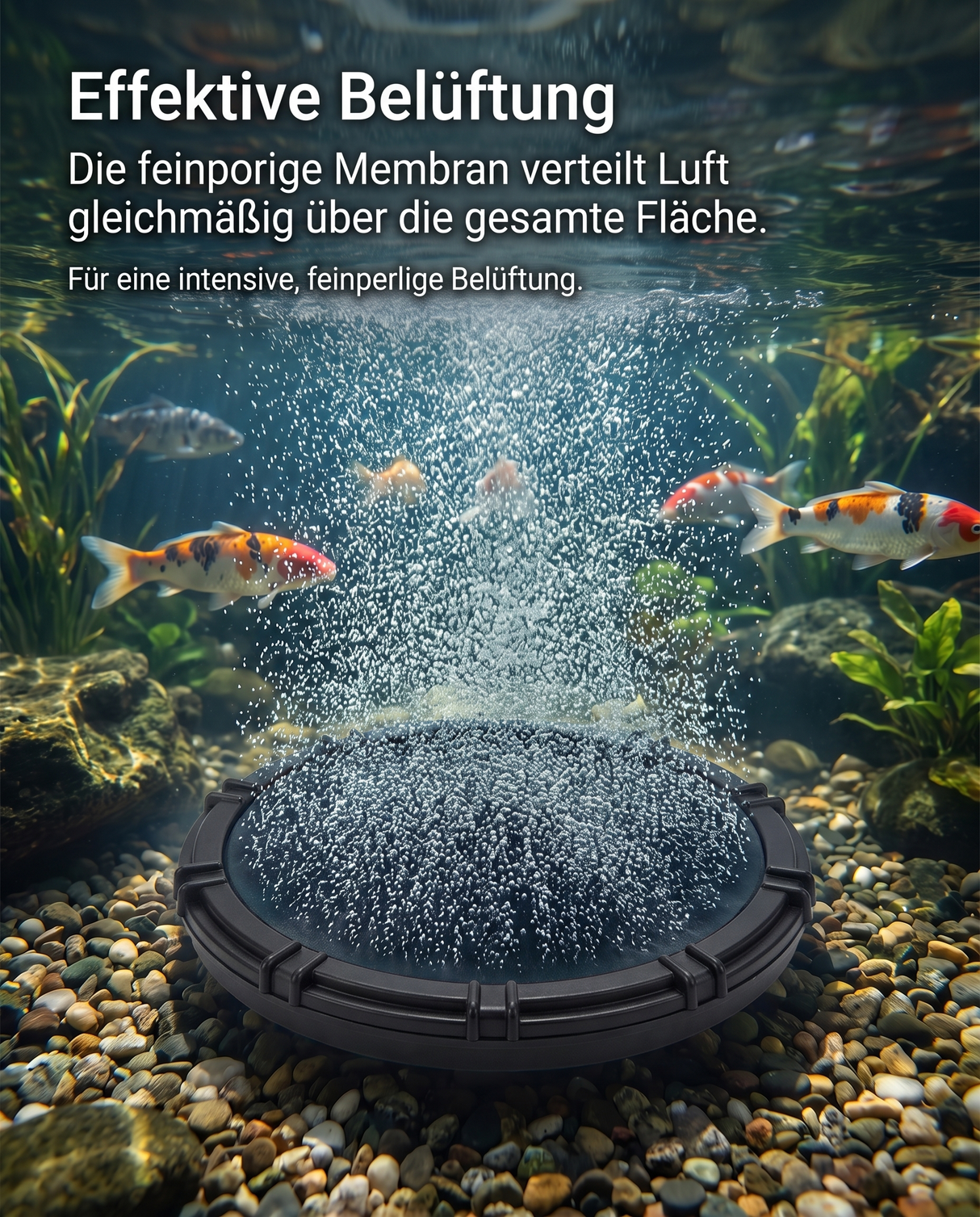 Teichbelüfter, EPDM Membran, Feinperlenbelüftung, Mikroblasen, Sauerstoffeintrag, Koiteich, Belüfterteller, Membranfläche, Wasserzirkulation, Gartenteich, Koi, Teichtechnik, Sauerstoffversorgung
