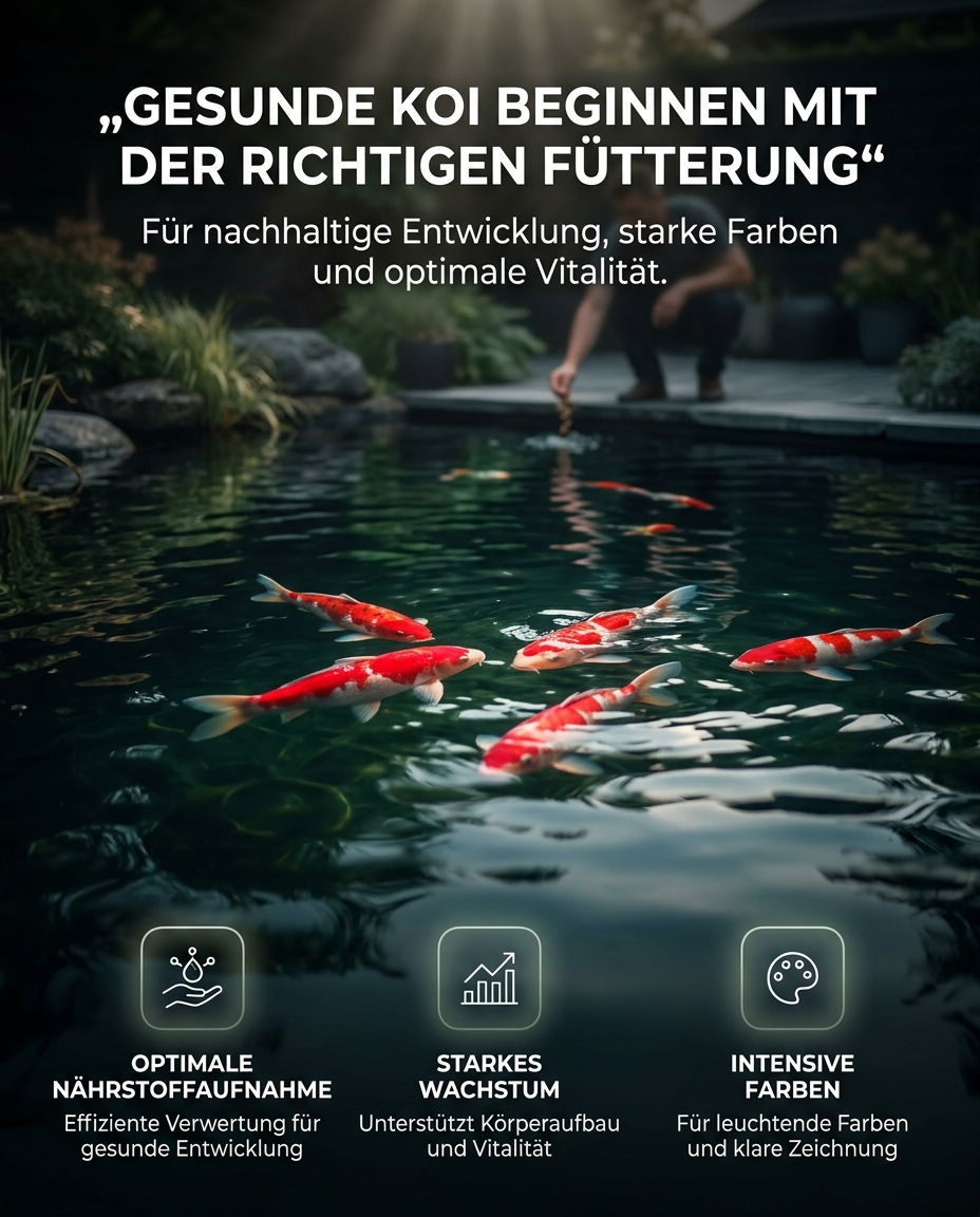 Koi Fische im Gartenteich bei der Fütterung für gesunde Entwicklung starke Farben und Wachstum