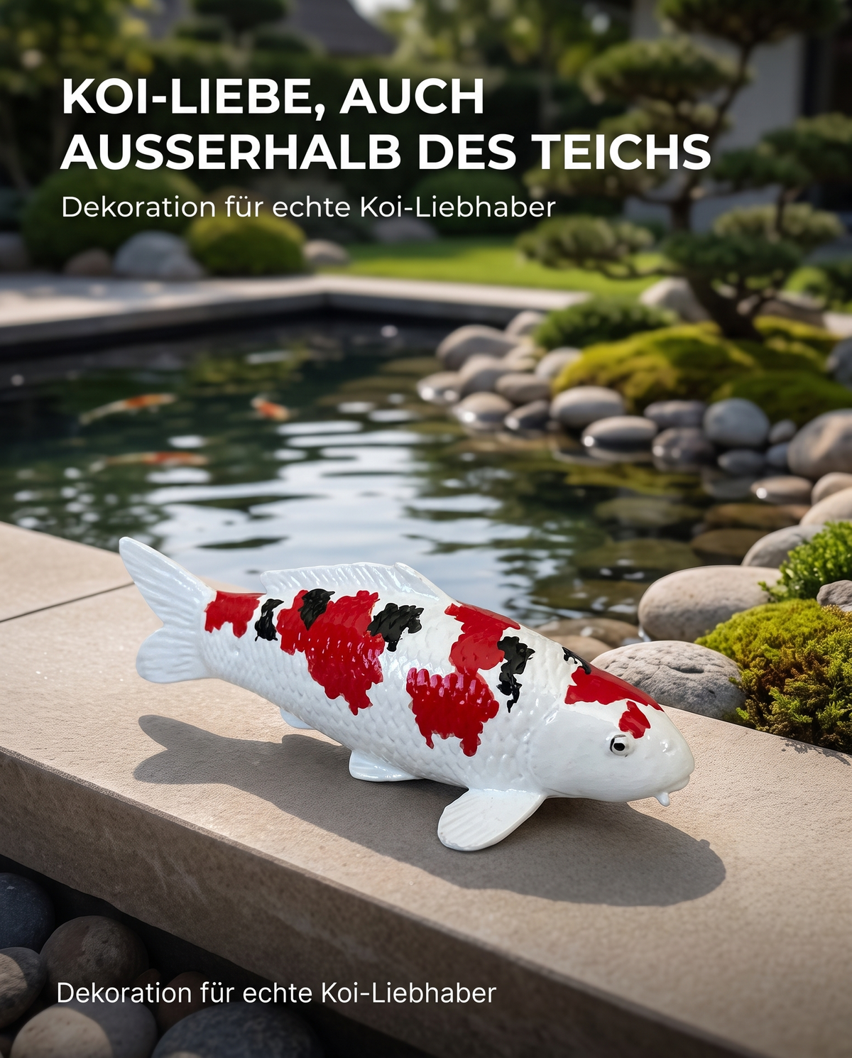 Handbemalte Koi Figur weiss rot schwarz Gartendeko Teichrand japanischer Garten Fischfigur Schuppenstruktur Handarbeit Unikat Steinplatte Koi Liebhaber Dekoration
