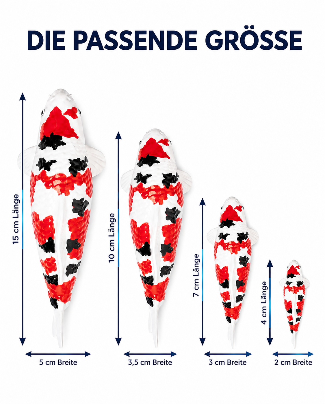 Koi Figur Groessenvergleich 15 cm 10 cm 7 cm 4 cm weiss rot schwarz handbemalt Laenge Breite Fischfigur Groessenwahl