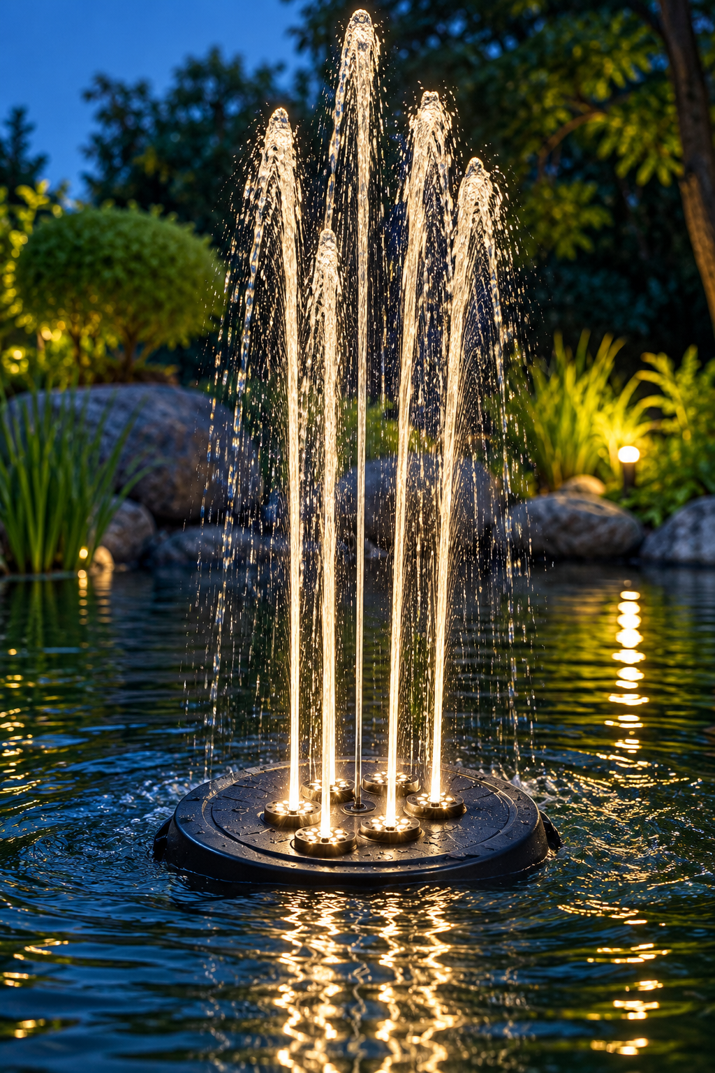 OASE Water Starlet Wasserspiel mit fünf beleuchteten Fontänen im Gartenteich bei Dämmerung