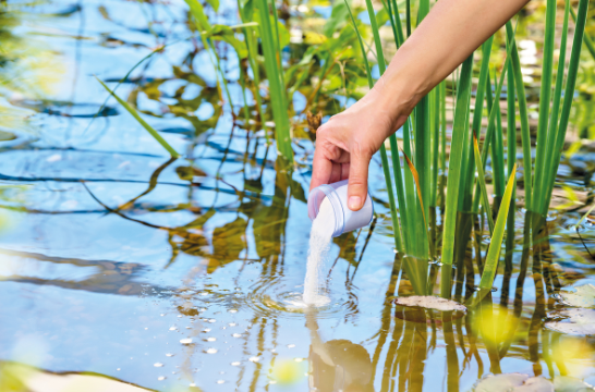 Dosierung von Oase AquaActiv OxyPlus im Teichwasser zur schnellen Sauerstoffanreicherung