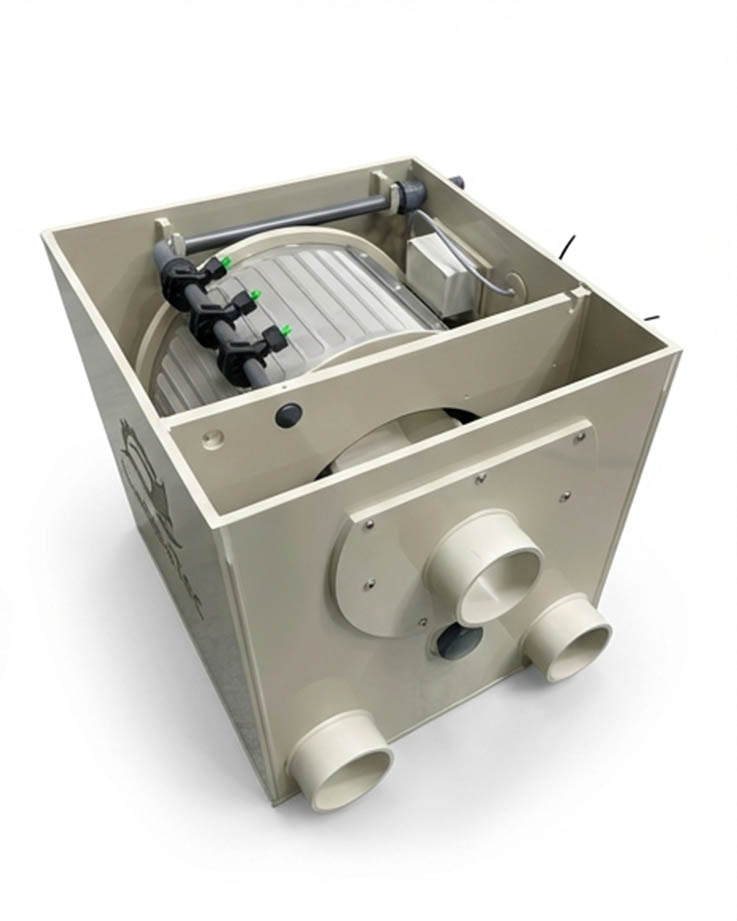Kompakter Trommelfilter PP20 aus Edelstahl für Koi Teich Filteranlage mit integrierter Spültechnik und Anschlüssen