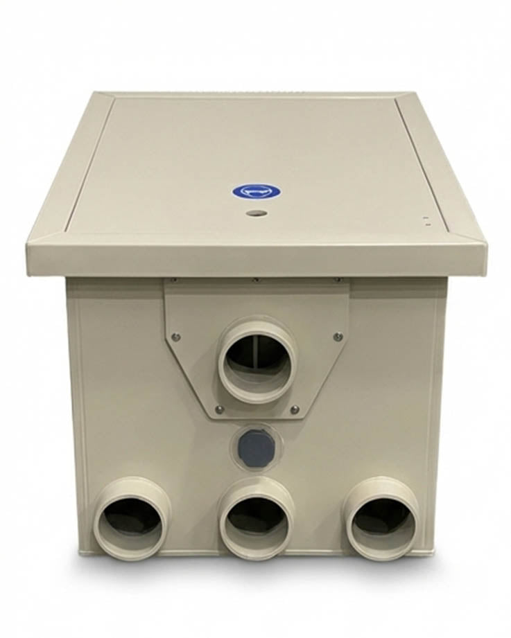 PP35 LumareTec Trommelfilter für Koi Teich Filteranlage Frontansicht mit zentralem Zulauf und drei Bodenanschlüssen