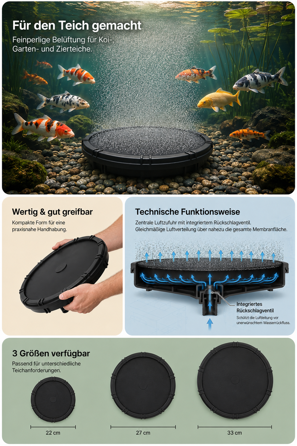 EPDM Belüfterteller, Teichbelüfter, Koiteich, Feinperlenbelüftung, Mikroblasen, Rückschlagventil, Sauerstoffeintrag, Wasserzirkulation, Membranbelüfter, Teichtechnik, Gartenteich, Größen 22 cm 27 cm 33 cm