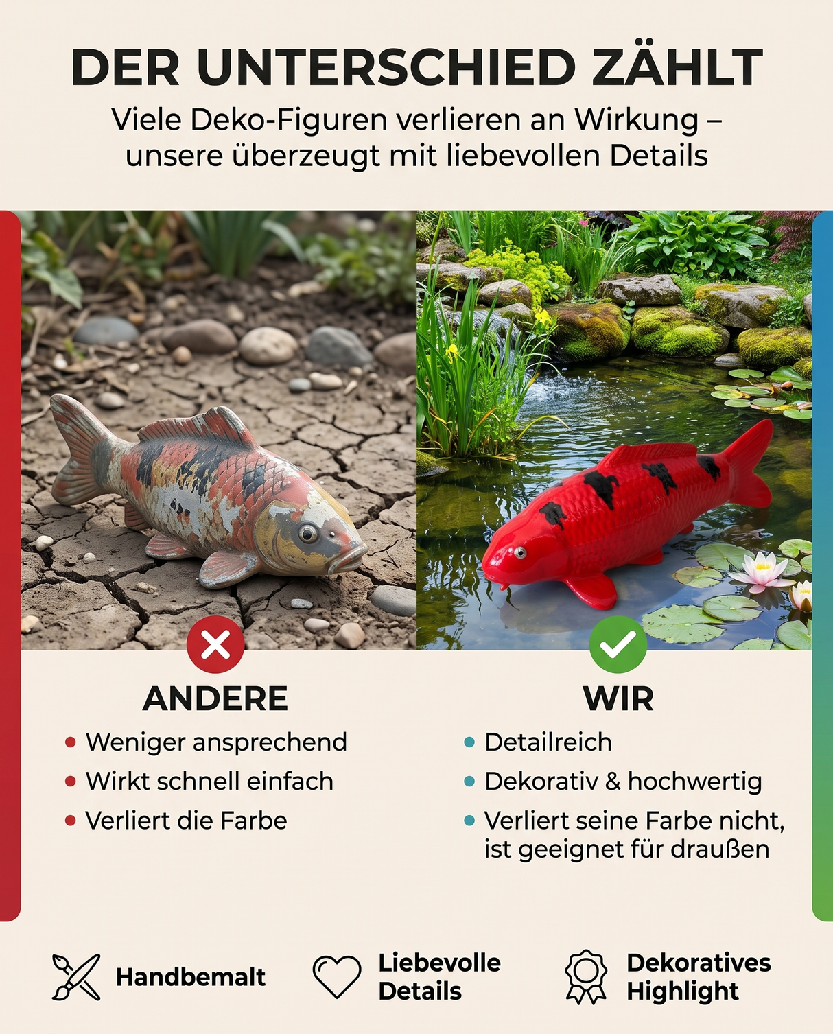Qualitätsvergleich einer einfachen Koi-Dekofigur mit einer detailreichen Aka Bekko Koi-Figur in kräftigem Rot mit schwarzen Zeichnungen