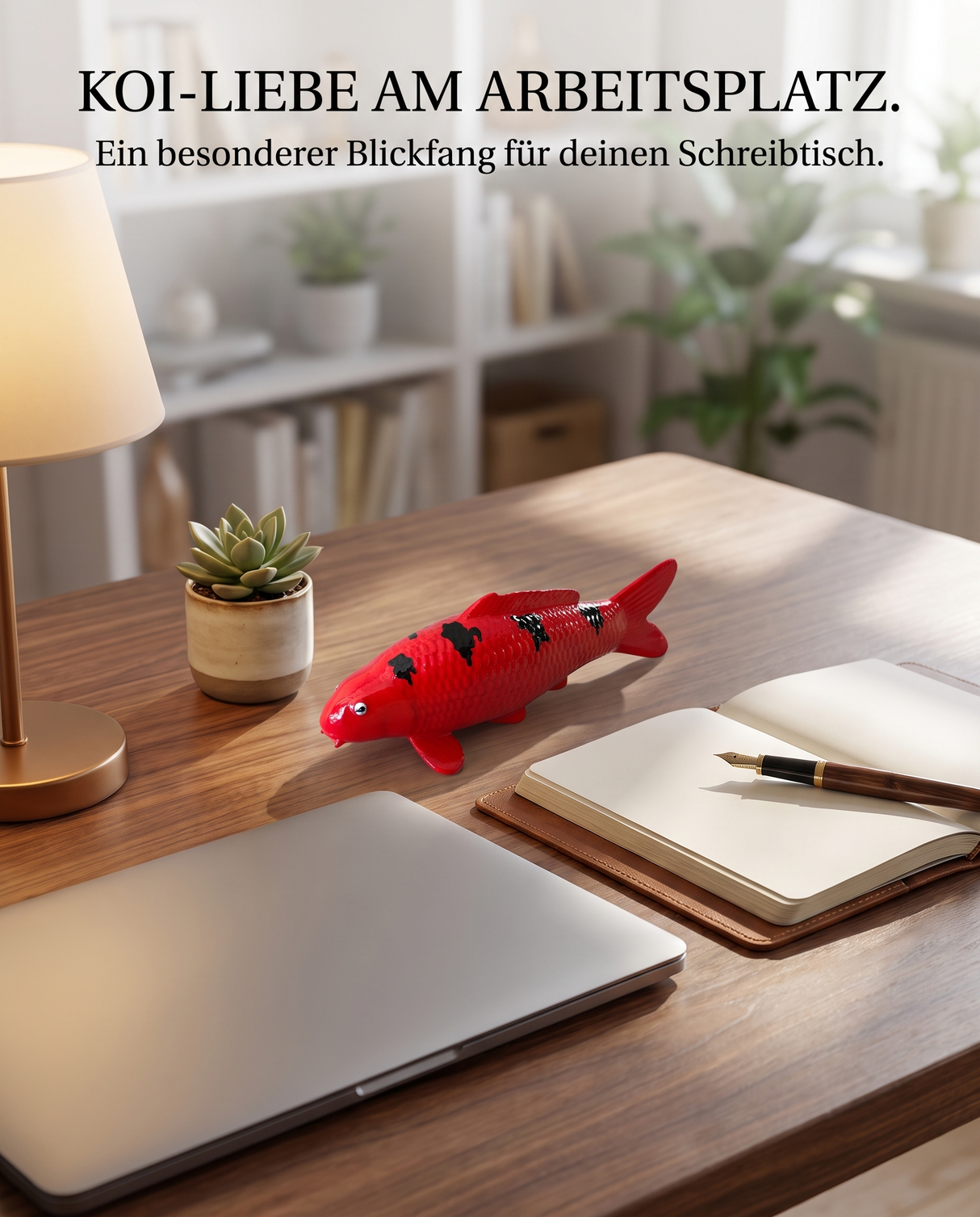 Aka Bekko Koi-Figur als dekorativer Blickfang auf dem Schreibtisch im Wohn- oder Arbeitsbereich