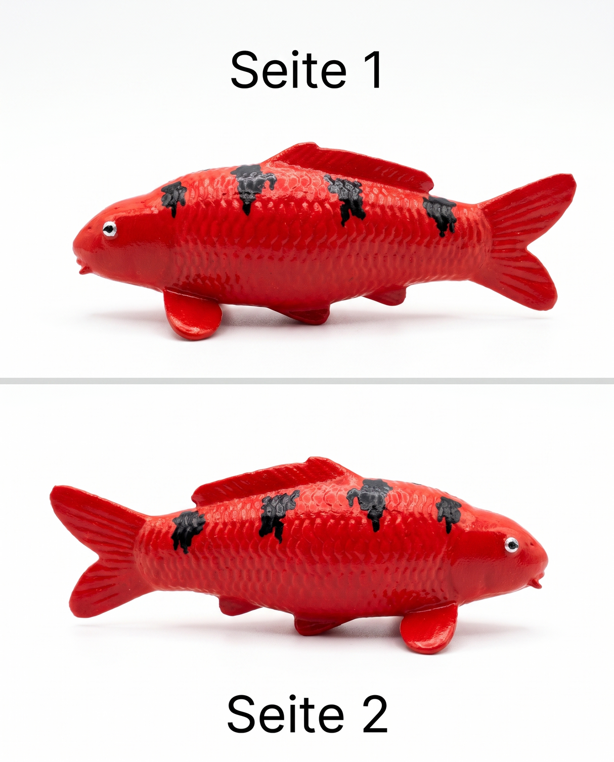 Aka Bekko Koi-Figur in Rot und Schwarz von beiden Seiten – dekorative Fischfigur mit detailreicher Oberfläche