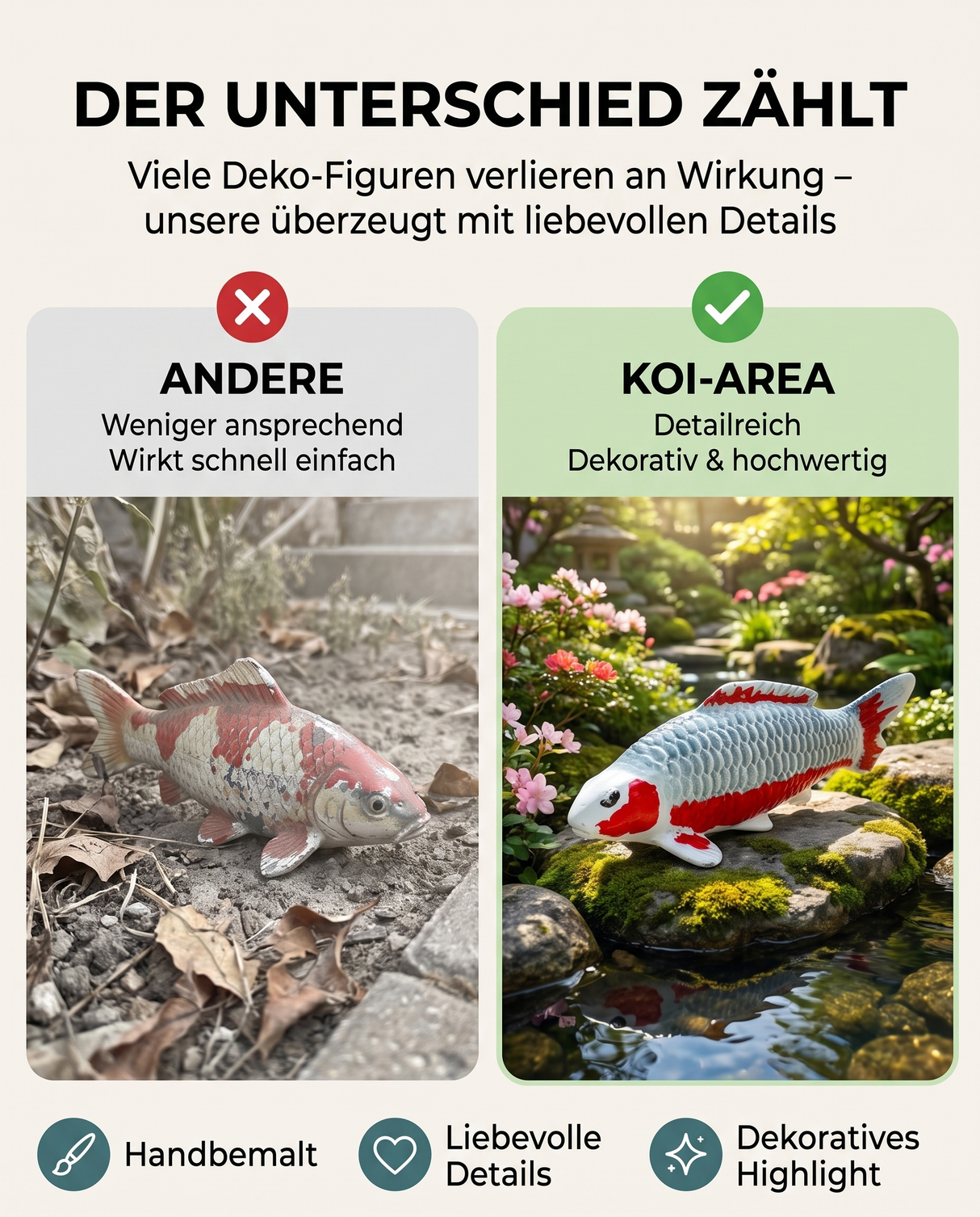 Qualitätsvergleich einer einfachen Koi-Dekofigur mit einer detailreichen handbemalten Asagi Koi-Figur von Koi-Area