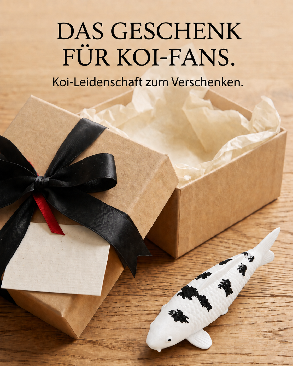 Bekko Koi-Figur in Weiß und Schwarz als Geschenkidee für Koi-Fans – handbemalte Fischfigur mit Geschenkbox