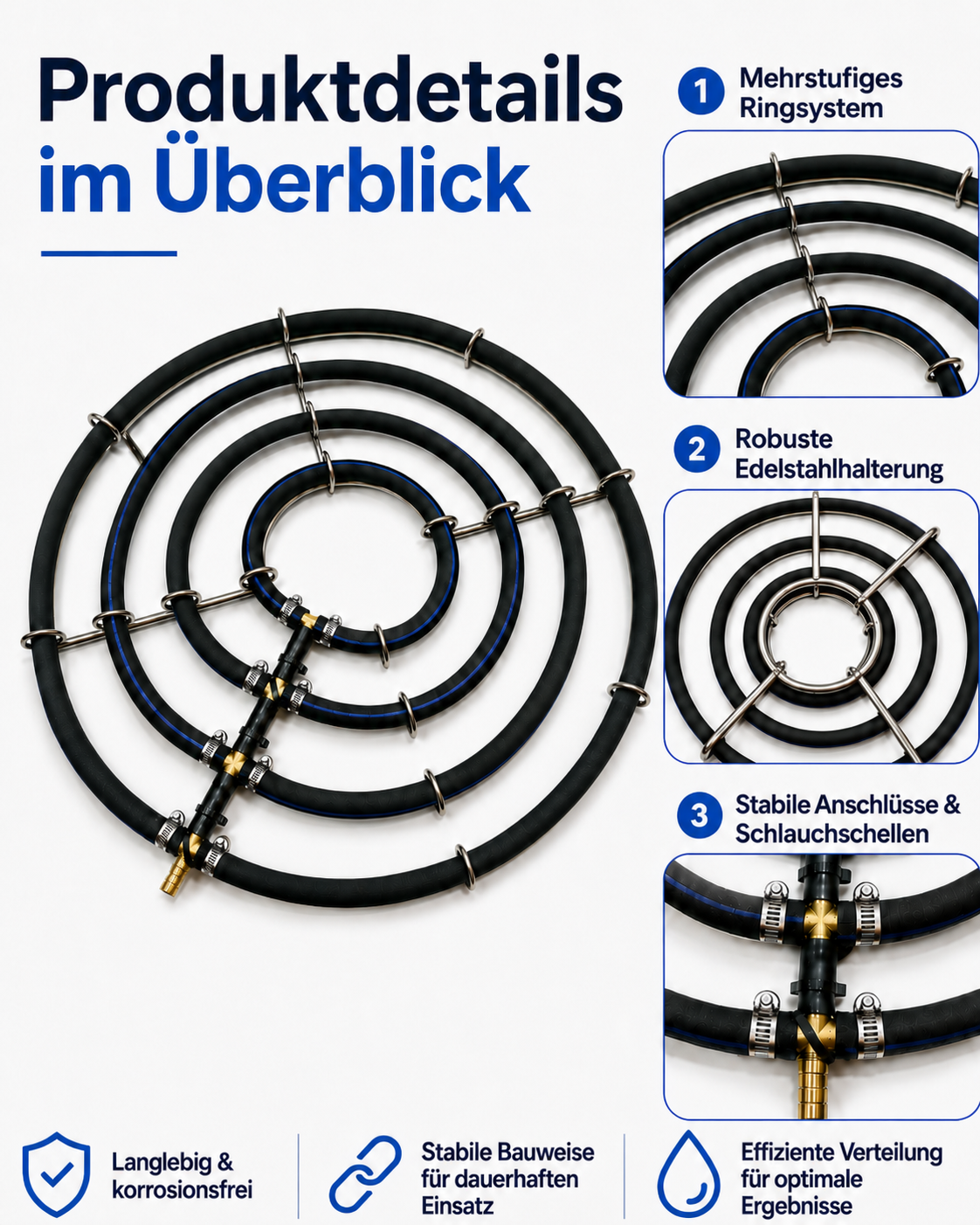 Produktdetails des Edelstahl-Belüfterrings mit vier feinporigen Luftschläuchen und stabilem Gestell