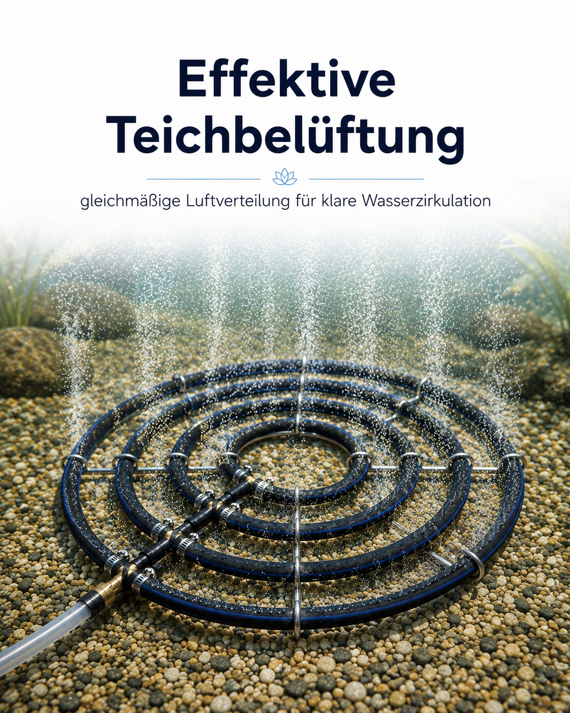 Edelstahl-Belüfterring im Teich mit feinen Luftblasen zur effektiven Sauerstoffversorgung