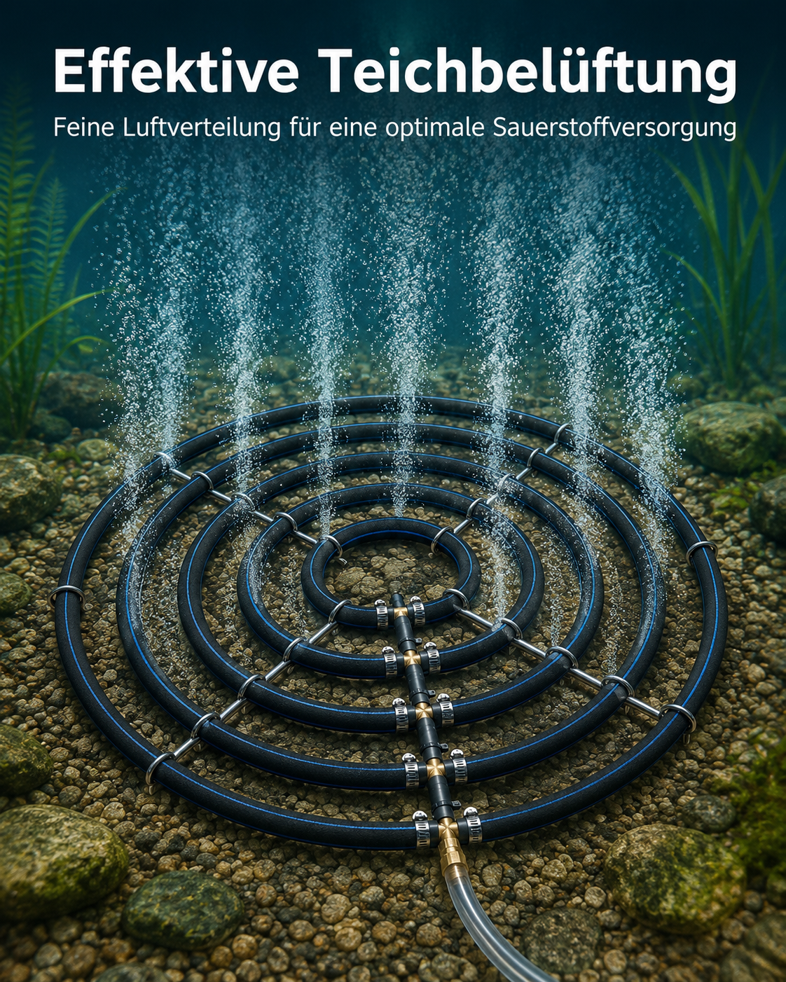 Belüfterring im Teich mit feinen Luftblasen zur gleichmäßigen Sauerstoffversorgung