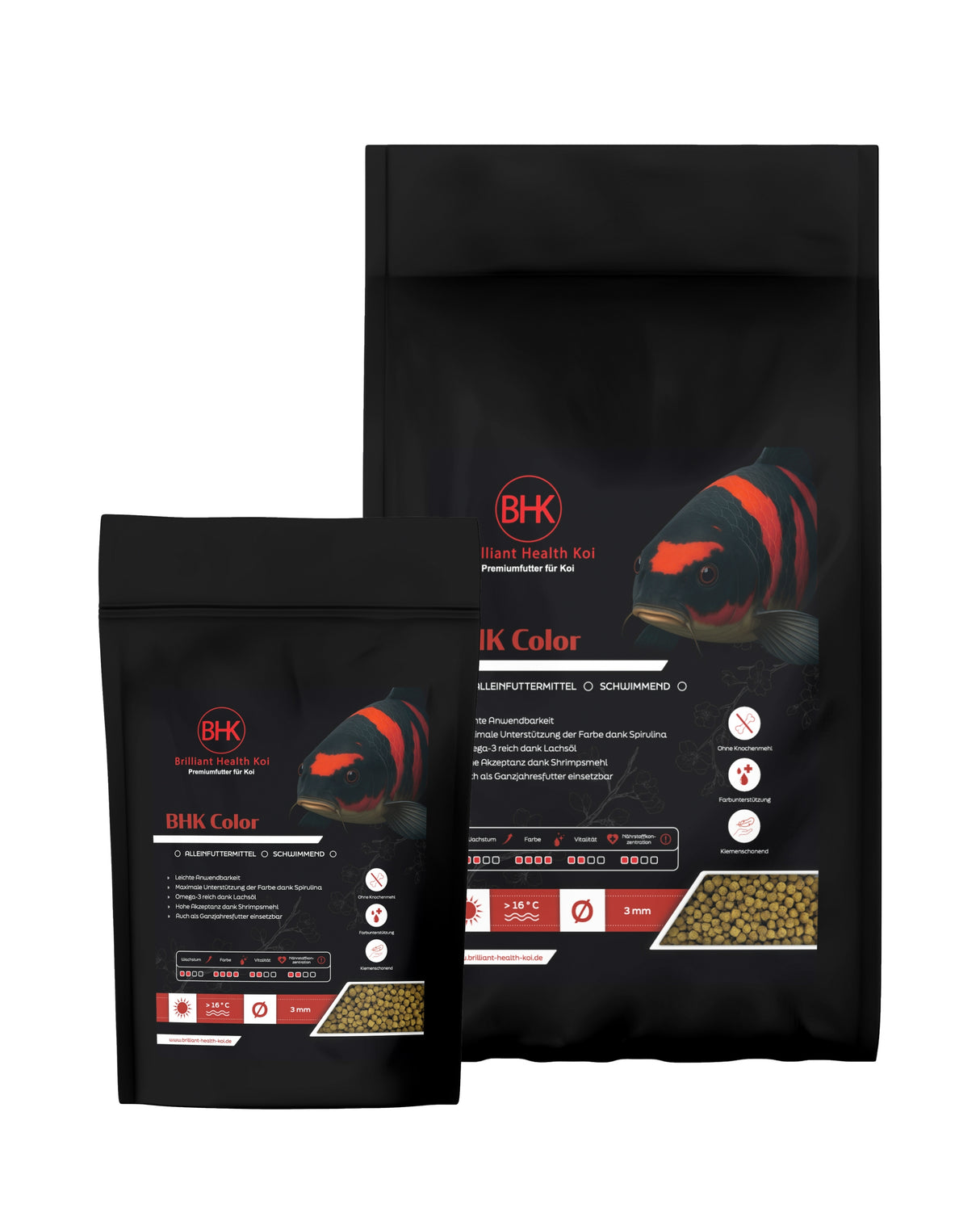 BHK Daily Color swimming Koifutter – schwimmendes Farbfutter mit Spirulina und Lachsöl in schwarzer Verpackung