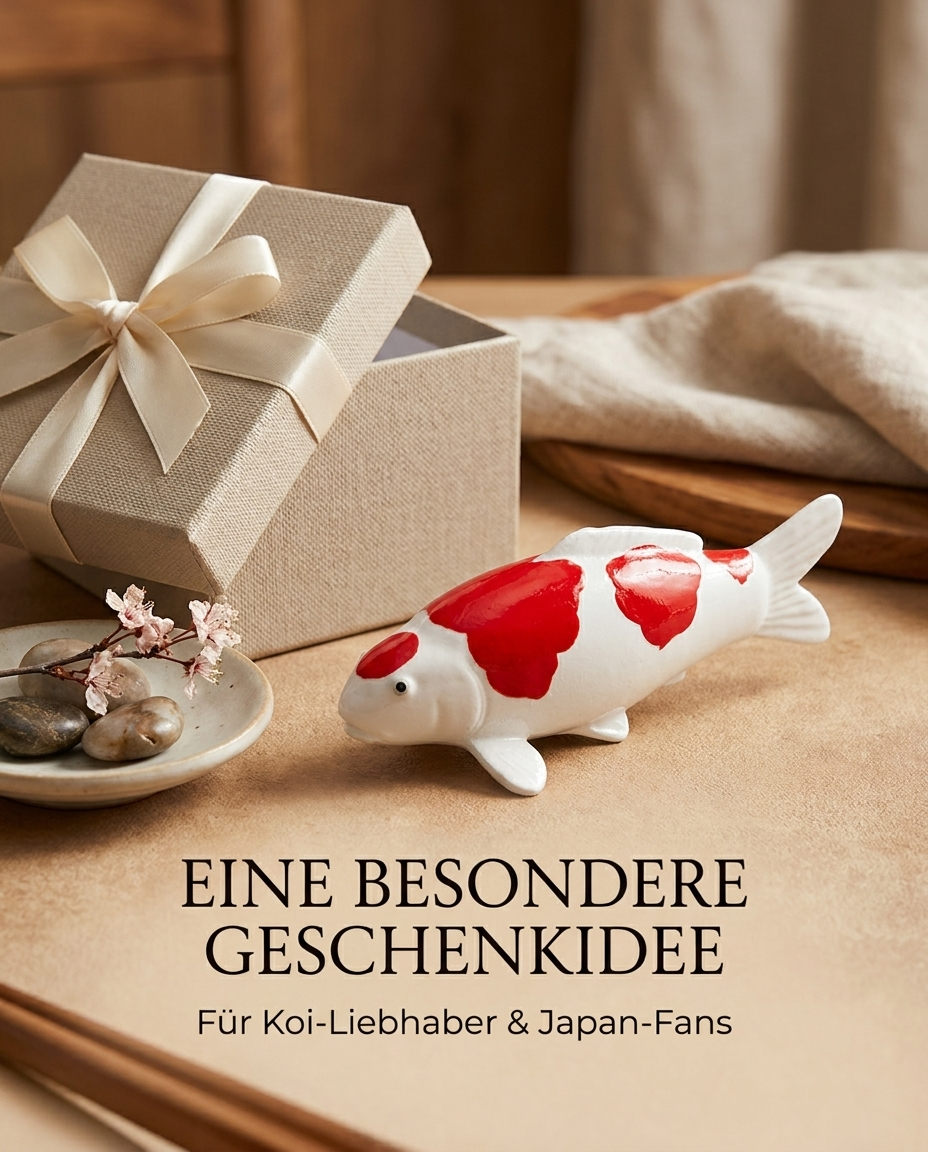 Doitsu Maruten Kohaku Koi-Figur in Rot-Weiß als besondere Geschenkidee für Koi-Liebhaber und Japan-Fans – handbemalte Fischfigur und dekorativer Blickfang für Zuhause, Wohnbereich oder Eingangsbereich