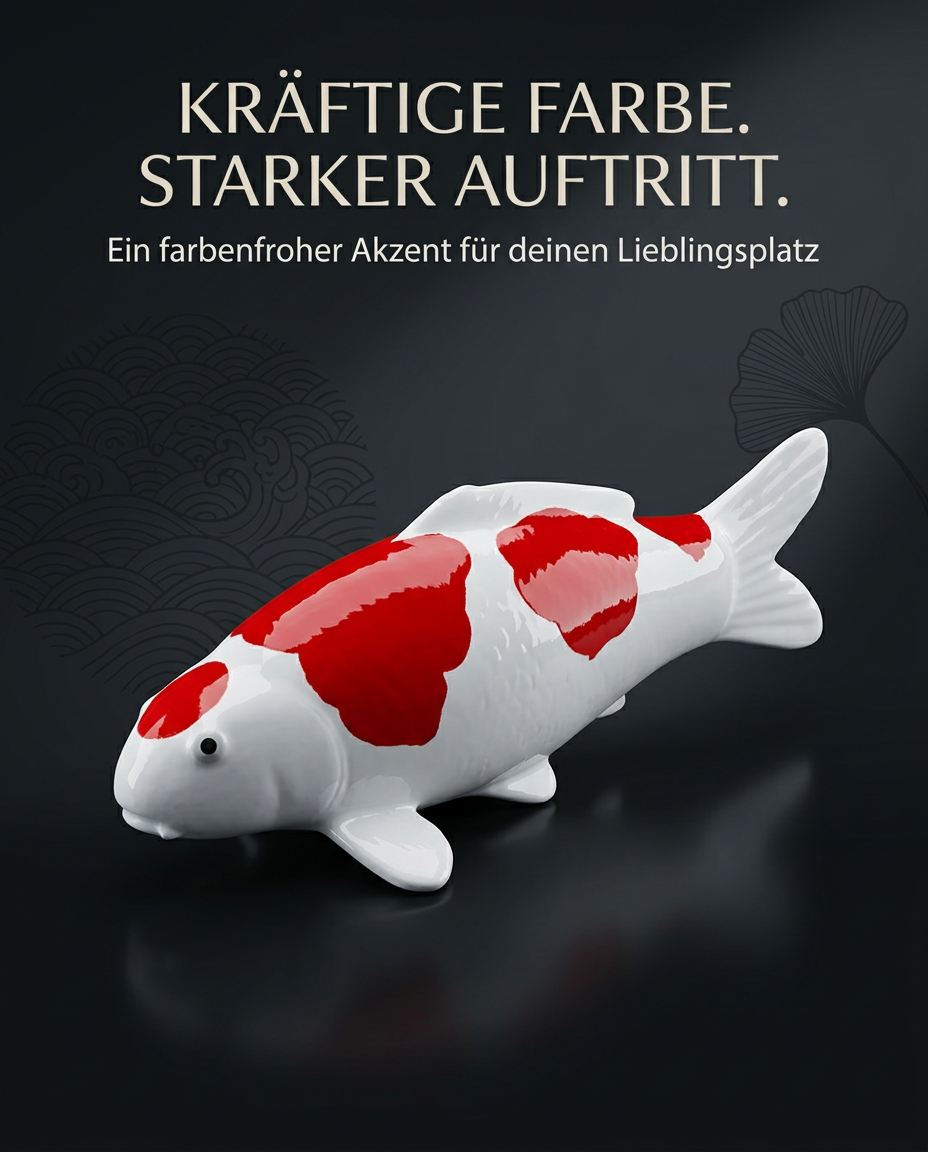 Doitsu Maruten Kohaku Koi-Figur in Rot-Weiß mit markanter Zeichnung – handbemalte Fischfigur und besondere Japan-Deko für Wohnbereich, Eingangsbereich, Terrasse, Garten oder Teichbereic