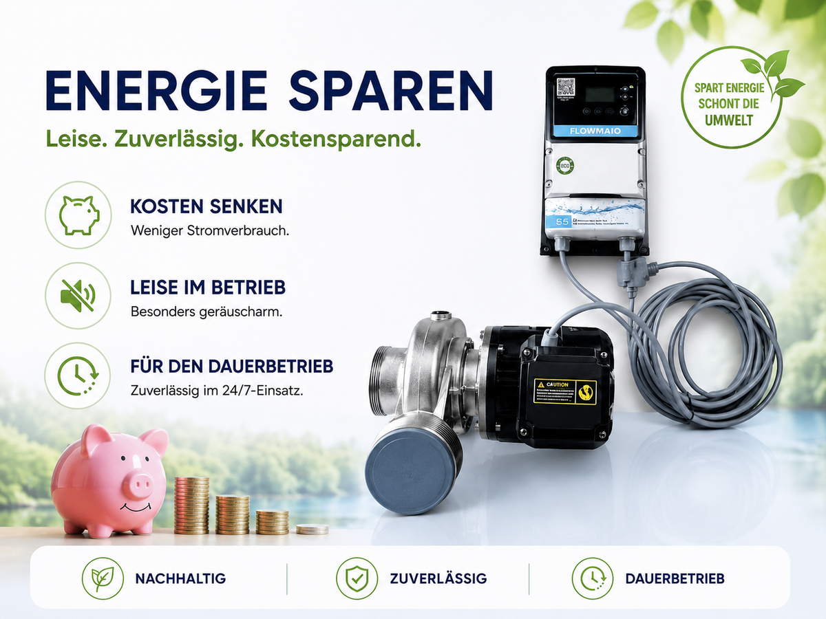 FlowFriend Junior Teichpumpe mit Hinweisen zu energiesparendem, leisem und zuverlässigem Dauerbetrieb