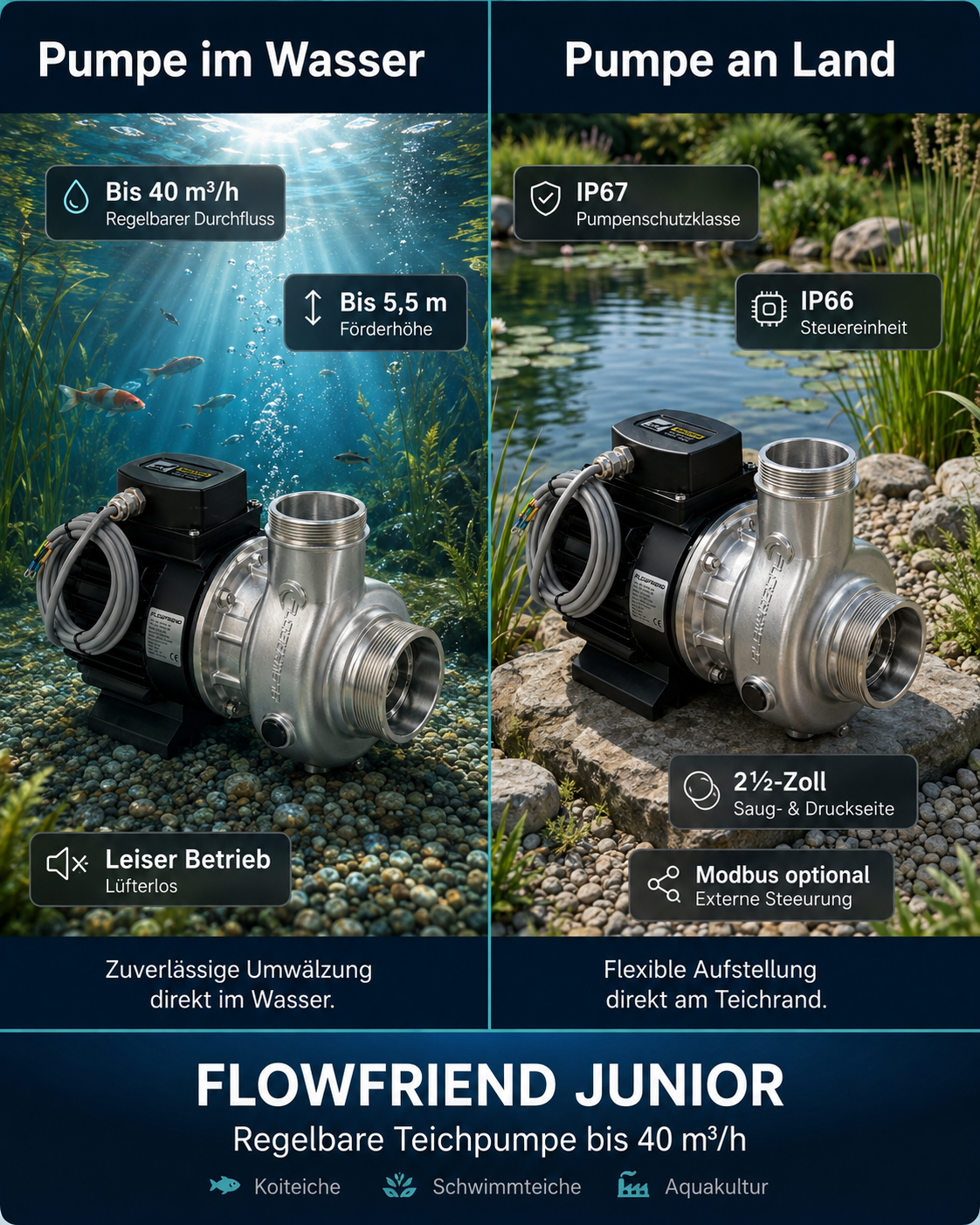 FlowFriend Junior Teichpumpe für den Einsatz im Wasser und an Land mit bis zu 40 m³/h Förderleistung, 5,5 m Förderhöhe und leisem Betrieb