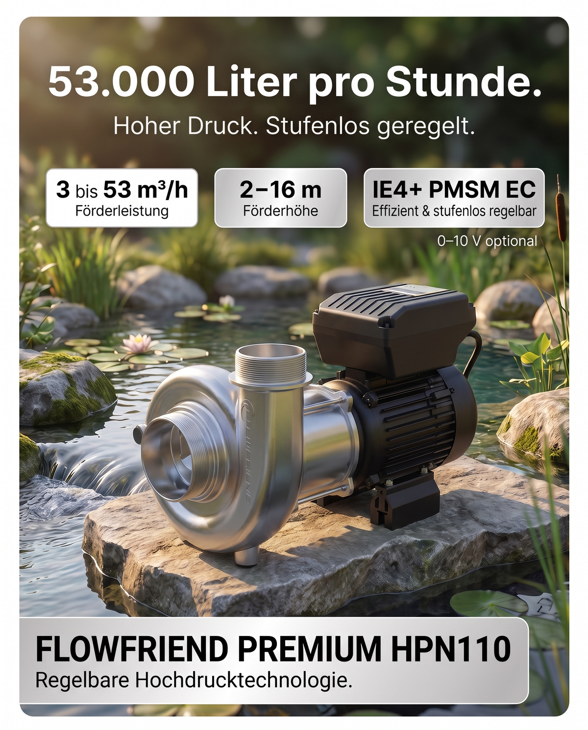 FlowFriend Premium HPN110 regelbare Hochdruckpumpe mit 3 bis 53 m³/h Förderleistung, 2 bis 16 m Förderhöhe und energieeffizientem IE4+ PMSM EC-Motor