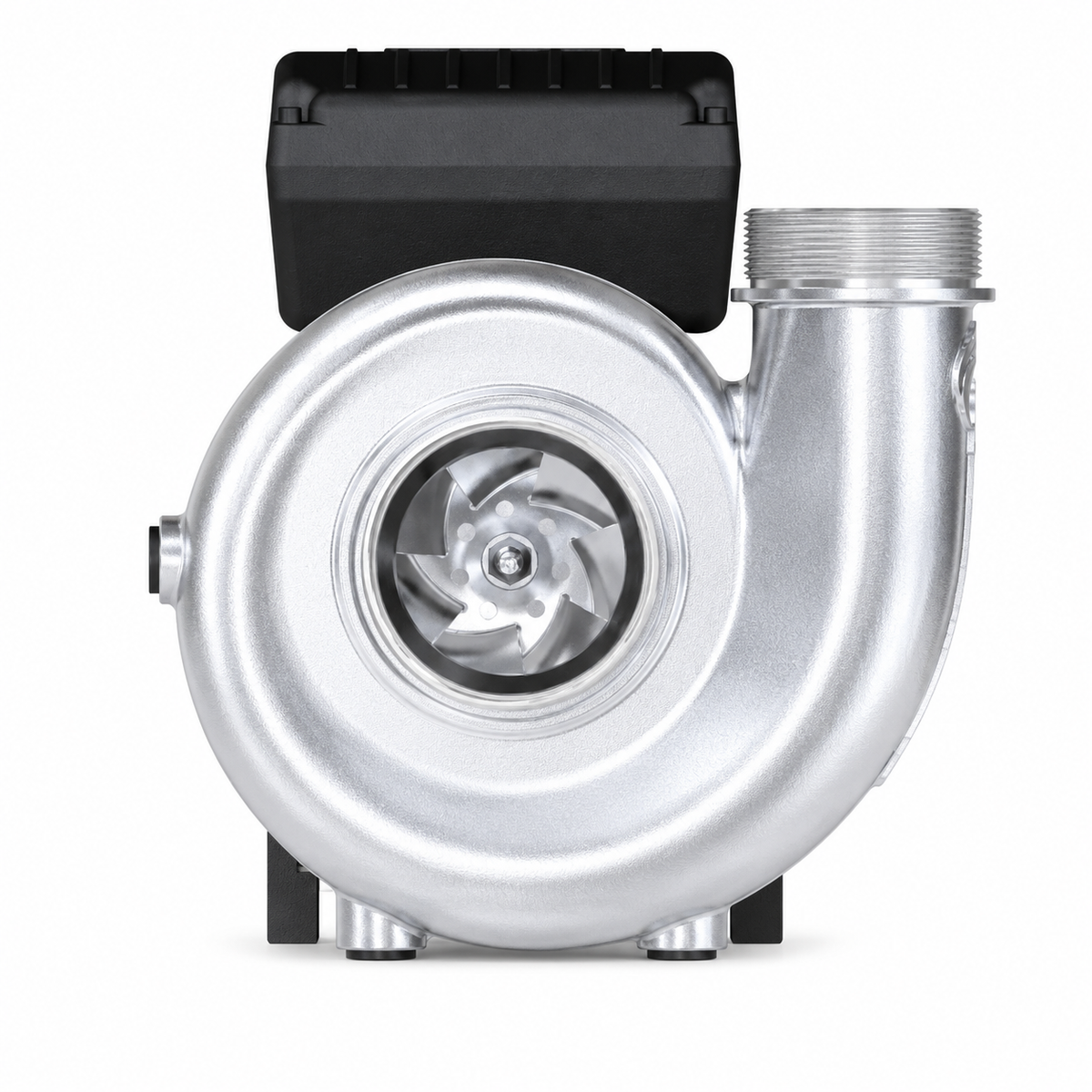 FlowFriend Premium HPN110 regelbare Hochdruckpumpe in Frontansicht mit Edelstahl-Pumpengehäuse und sichtbarem Laufrad