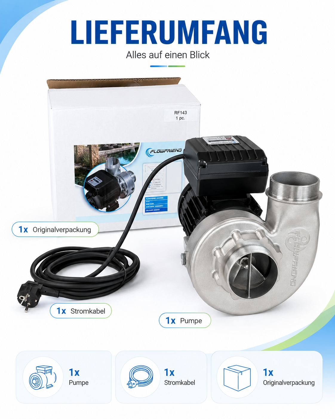 Lieferumfang der FlowFriend Standard HFP90 Teichpumpe 70.000 l/h mit Pumpe, Stromkabel und Originalverpackung