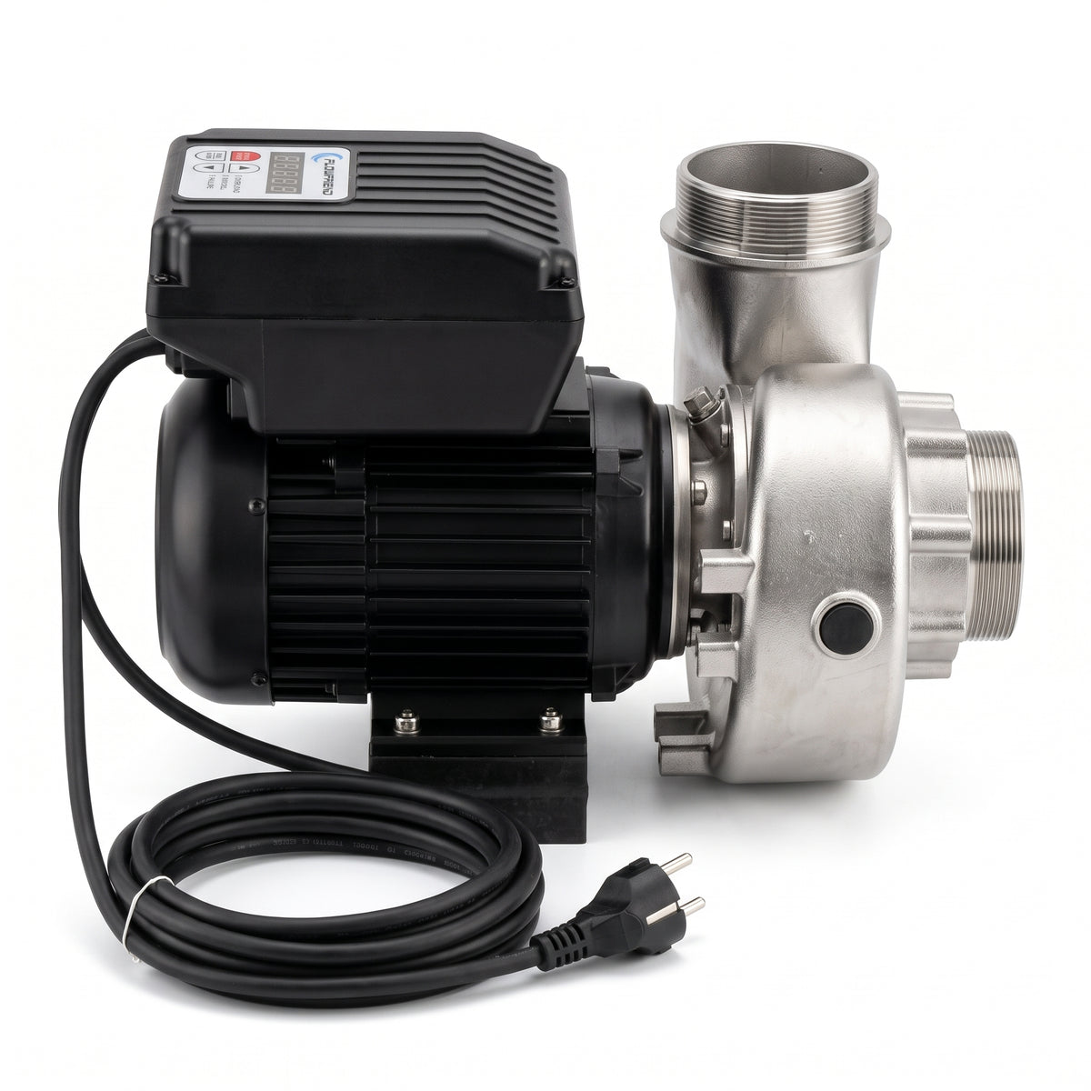 FlowFriend Standard HFP90 Teichpumpe in Seitenansicht mit Edelstahl-Pumpengehäuse, Motor, Steuerung und Anschlusskabel für Koi- und Teichanlagen