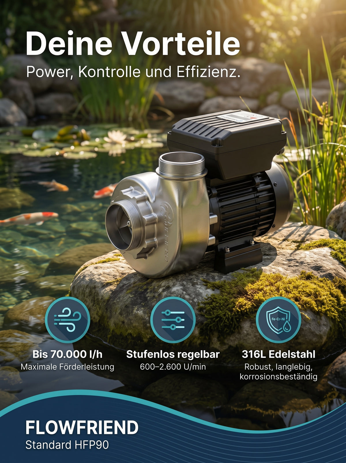 FlowFriend Standard HFP90 Teichpumpe mit bis zu 70.000 l/h Förderleistung, stufenloser Regelung und robustem 316L Edelstahlgehäuse