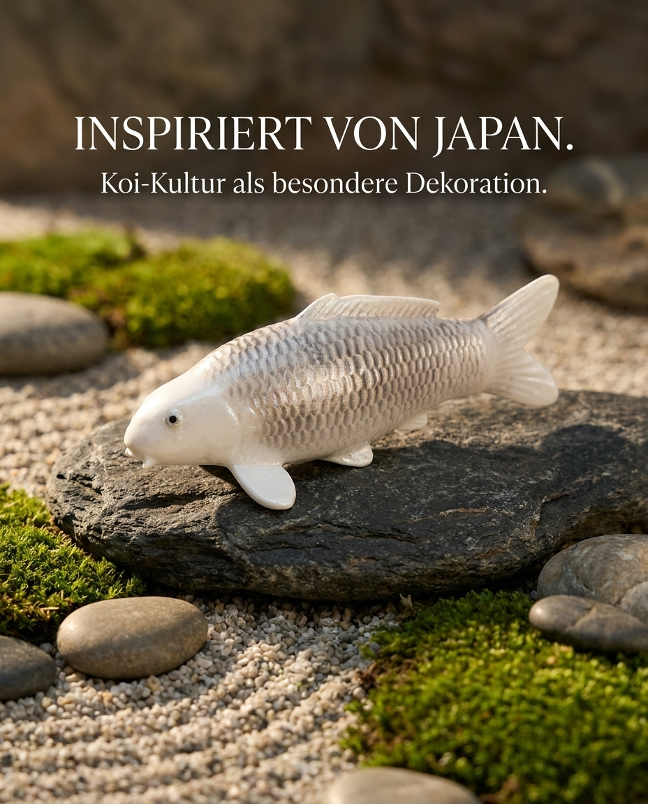 Silberne Gin Matsuba Koi-Figur als stilvolle Japan Deko und besondere Dekoration für Garten, Terrasse und Teichbereich