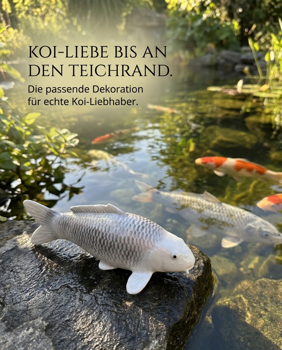 Silberne Gin Matsuba Karpfen Figur am Gartenteich als dekorative Japan Deko für Koi-Liebhaber und Teichbereich