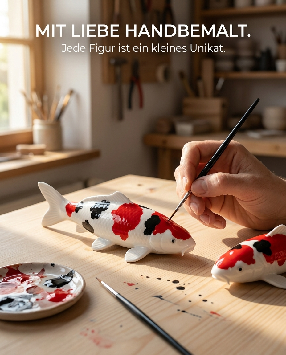 Handbemalte rot-schwarz-weiße Koi-Fischfigur als besonderes Deko-Unikat mit individueller Farbgebung und liebevollen Details