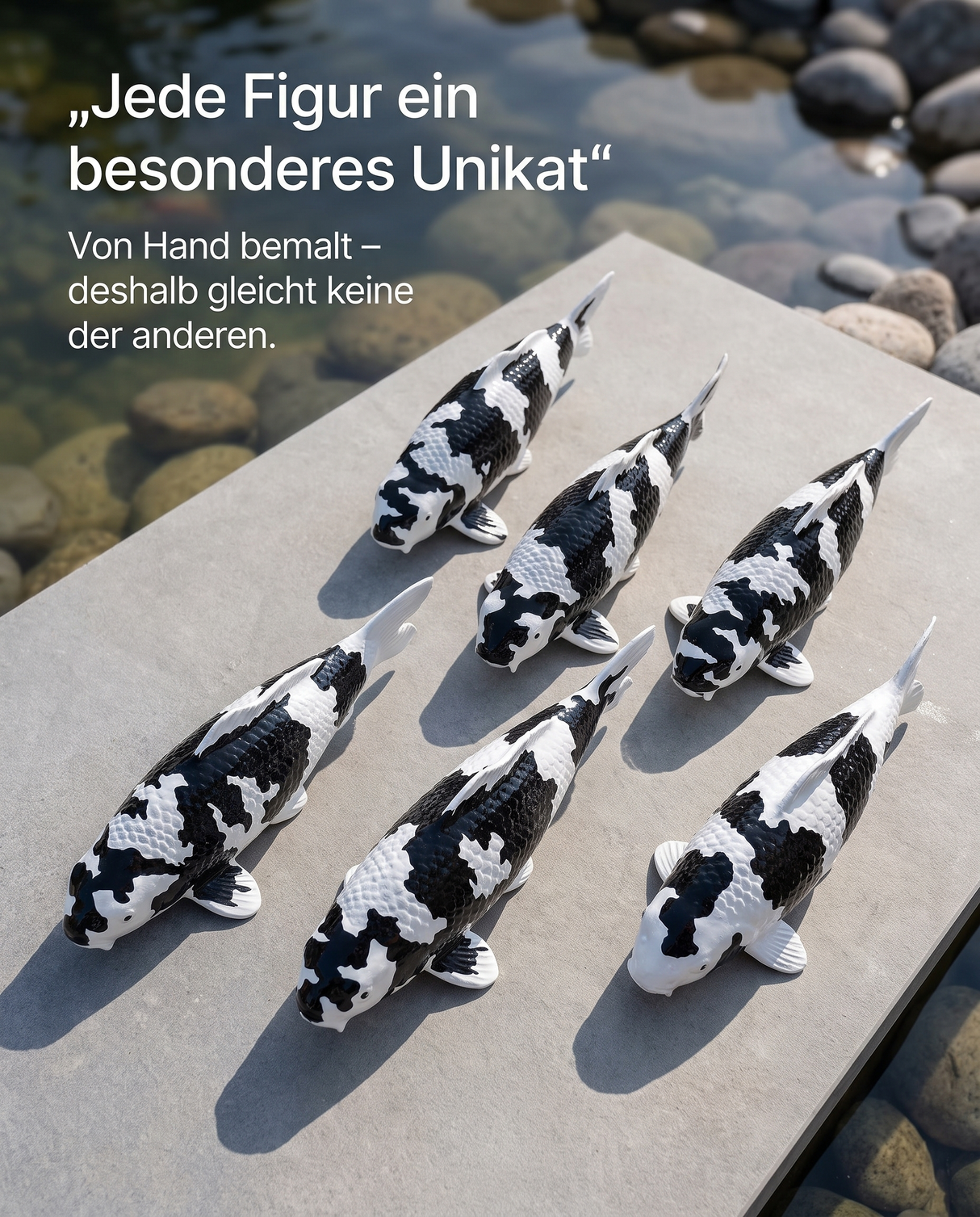 Sechs handbemalte Koi-Figuren in Schwarz und Weiß als besondere Unikate – dekorative Fischfiguren für Teichbereich, Garten, Terrasse oder als Japan-Deko