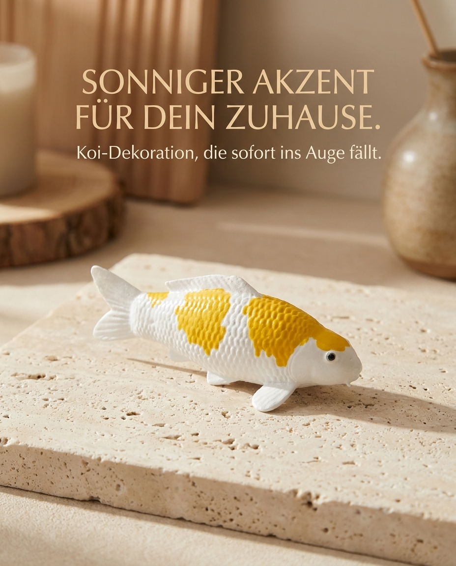 Handbemalte Hariwake Koi-Figur in Weiß und Gelb als besondere Deko für Wohnbereich und Eingangsbereich