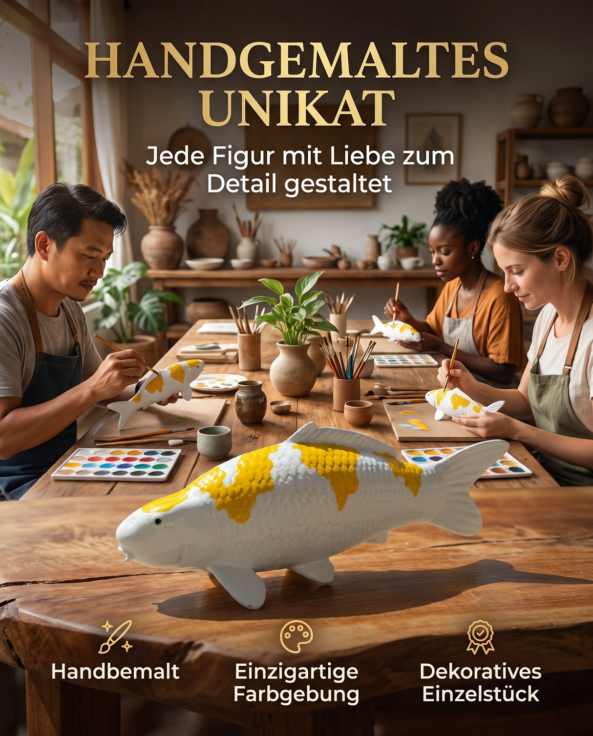 Handbemalte Hariwake Koi-Figur als dekoratives Unikat mit individueller gelb-weißer Farbgebung Deko Fischfigur Koi Figur