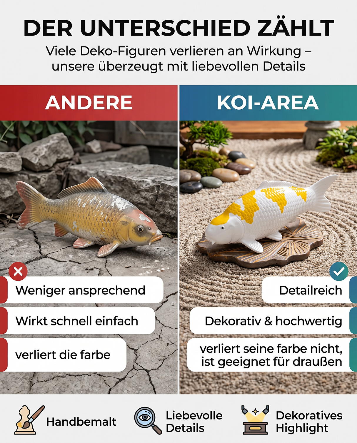 Vergleich einer einfachen Koi-Dekofigur mit einer detailreichen handbemalten Hariwake Koi-Figur von Koi-Area