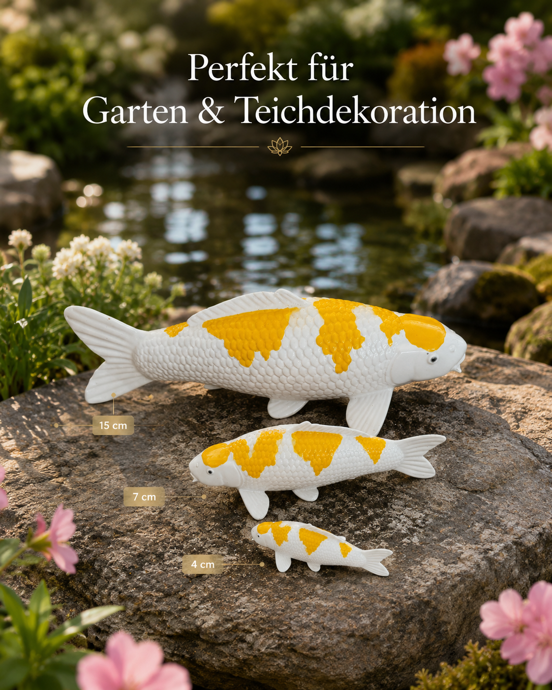 Hariwake Koi-Dekofiguren in drei Größen auf einem Stein am Gartenteich