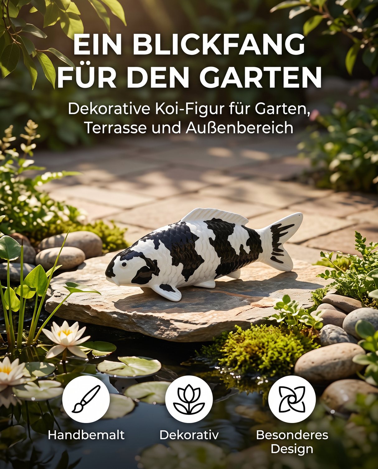 Limitierte Koi Figur Shiro Utsuri – handbemalte Koi Figuren stilvolle Teich- & Gartendekoration