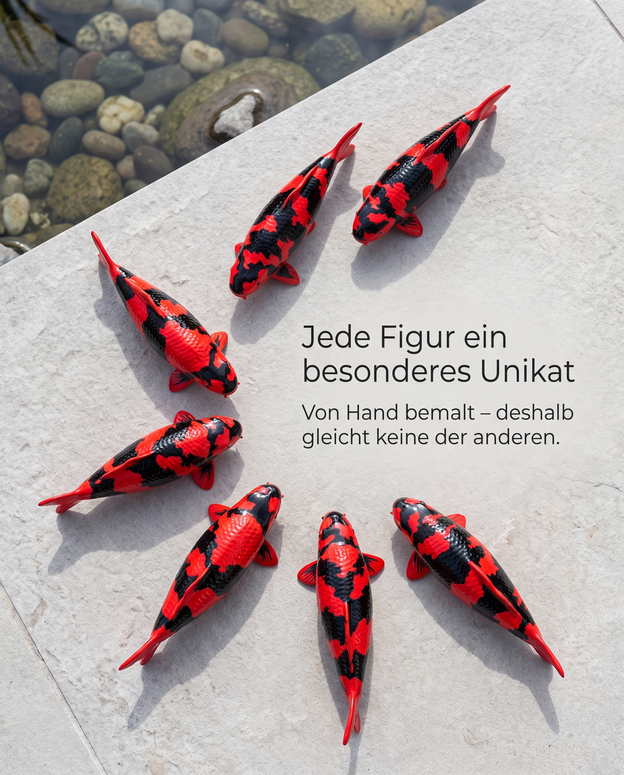 unikate-handbemalt-rot-schwarz-japan-deko.png
Mehrere handbemalte Hi Utsuri Koi-Figuren in Rot und Schwarz – jede Figur mit individueller Zeichnung als besonderes Unikat und dekorative Japan-Deko für Wohnbereich, Terrasse, Garten oder Teichbereich