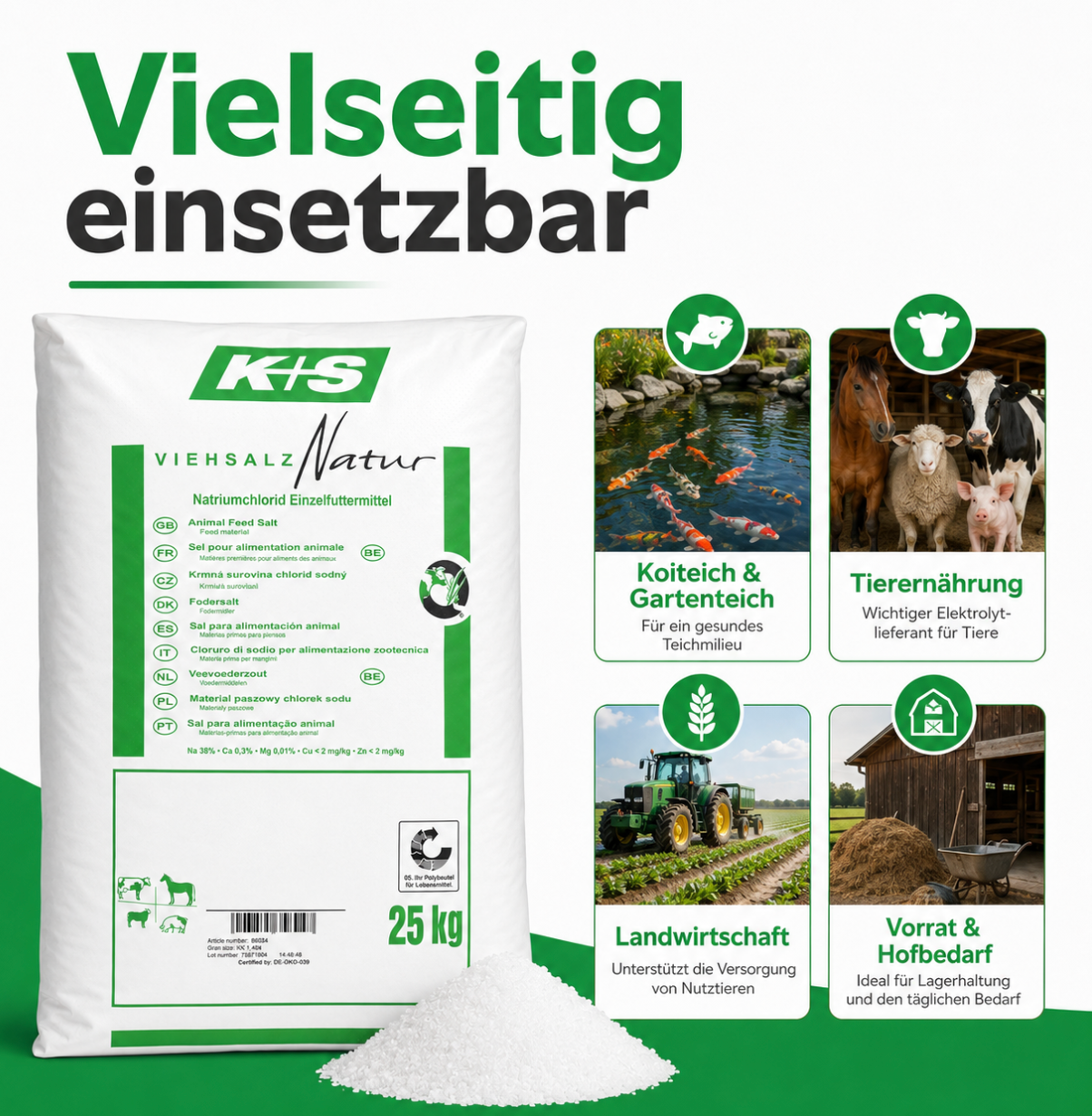 K+S Viehsalz Natur 25 kg vielseitig einsetzbar für Koiteich, Gartenteich, Tierernährung und Landwirtschaft
