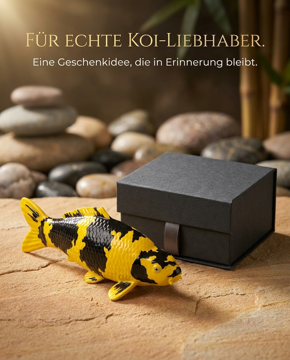 Ki Utsuri Koi-Figur neben Geschenkbox als Geschenkidee für Koi-Liebhaber, Gartenfreunde und Fans asiatischer Deko