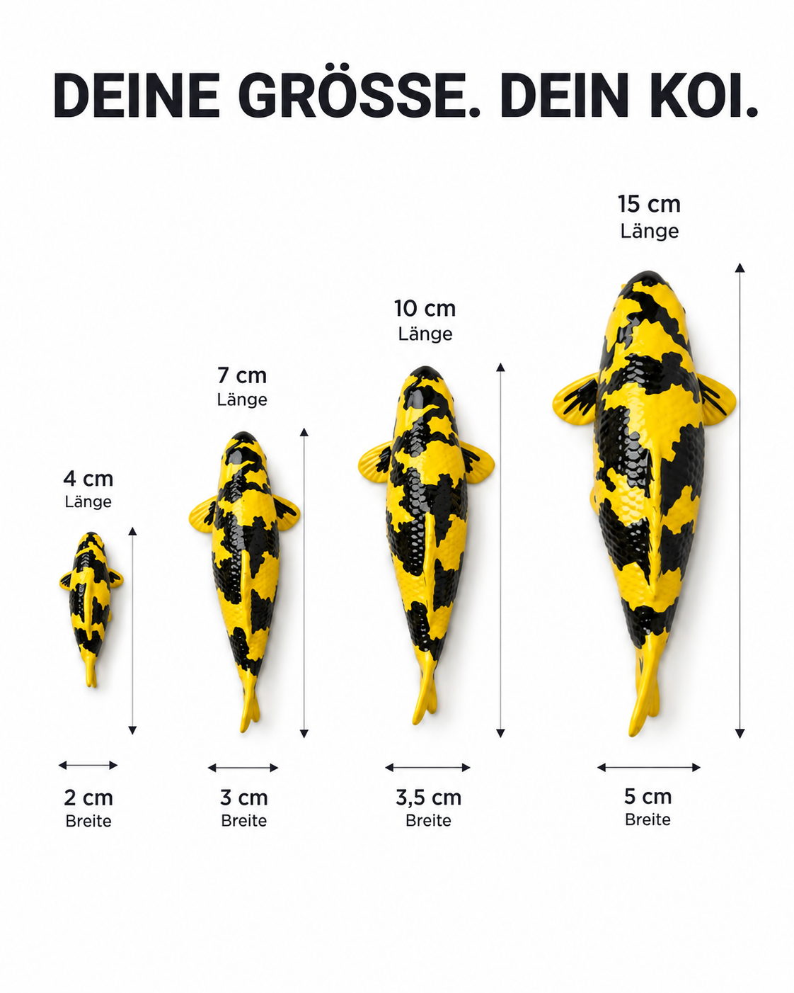 Gelb-schwarze Ki Utsuri Koi-Figur in 15, 10, 7 und 4 cm als Größenübersicht – handbemalte Fischfigur mit markanter Farbgebung als dekorative Japan-Deko für Wohnbereich, Terrasse, Garten oder Teichbereich