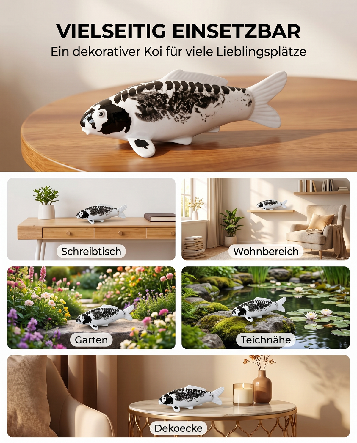 Handbemalte Kikokuryu Koi-Fischfigur in Schwarz und Weiß als vielseitige Dekoration für Schreibtisch, Wohnbereich, Garten, Teichnähe und Dekoecke