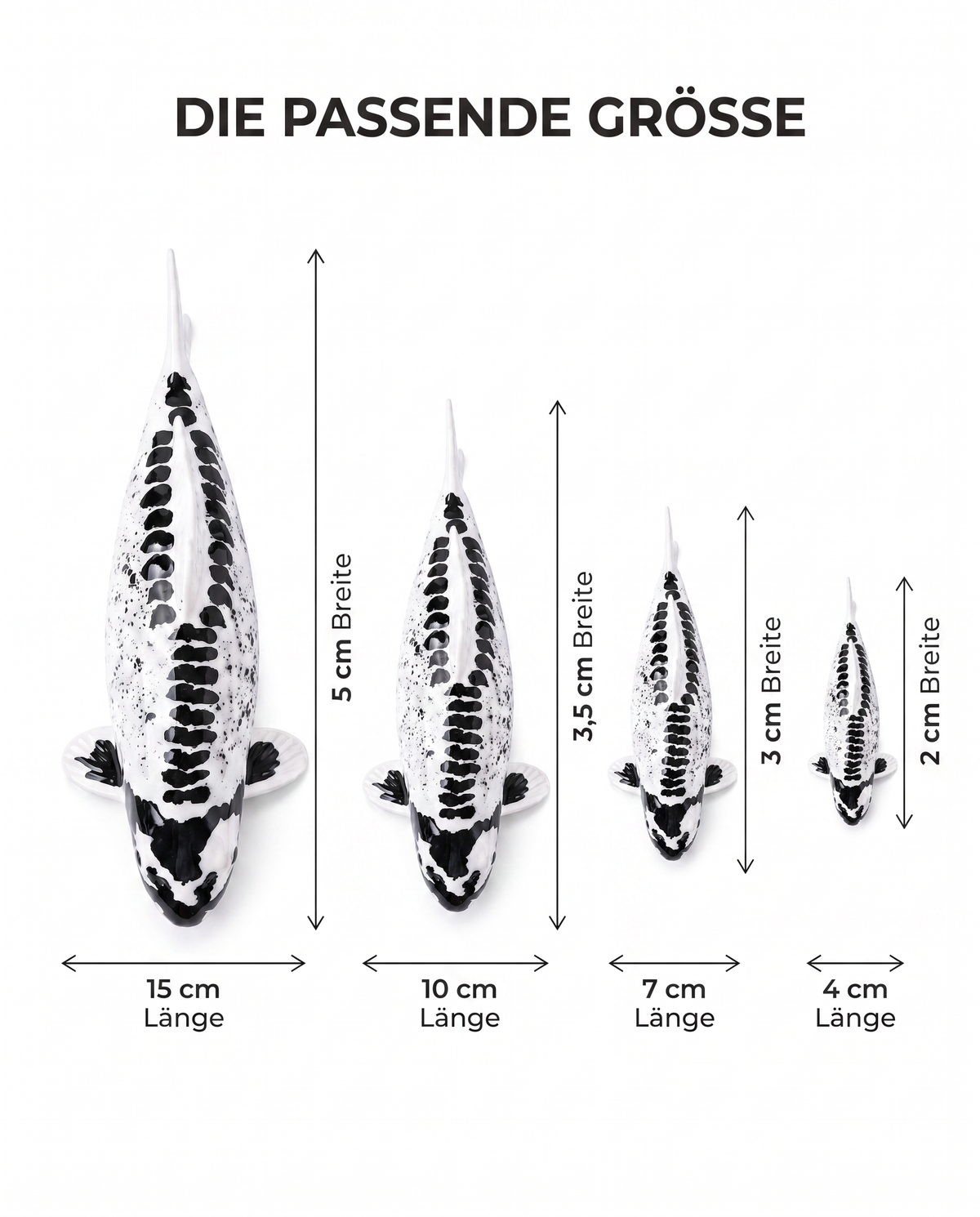 Größenübersicht der handbemalten Kikokuryu Koi-Fischfigur in 15 cm, 10 cm, 7 cm und 4 cm Länge mit jeweiliger Breite