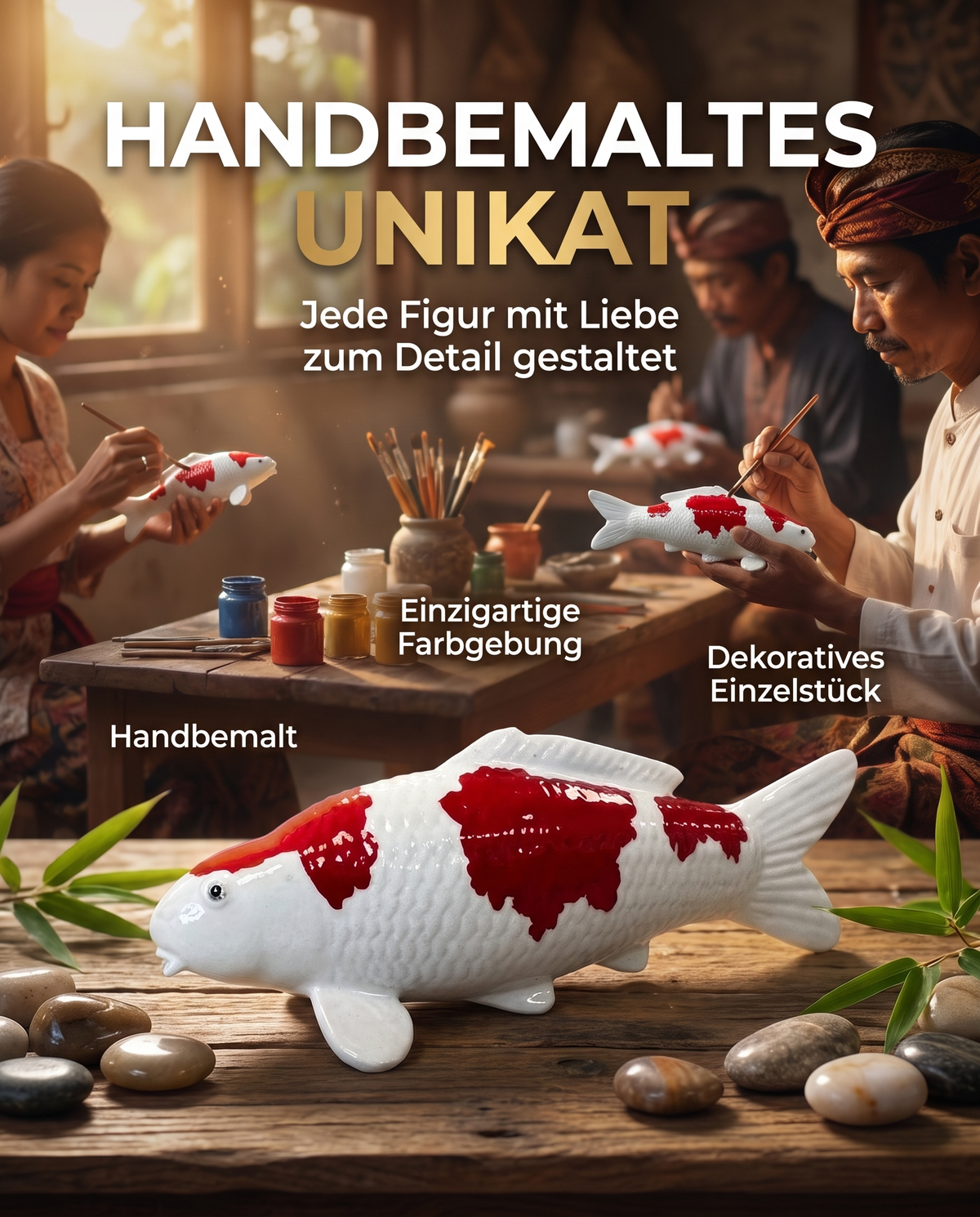 Handbemalte Kohaku 2 Koi-Fischfigur in Rot und Weiß als dekoratives Unikat mit individueller Farbgebung