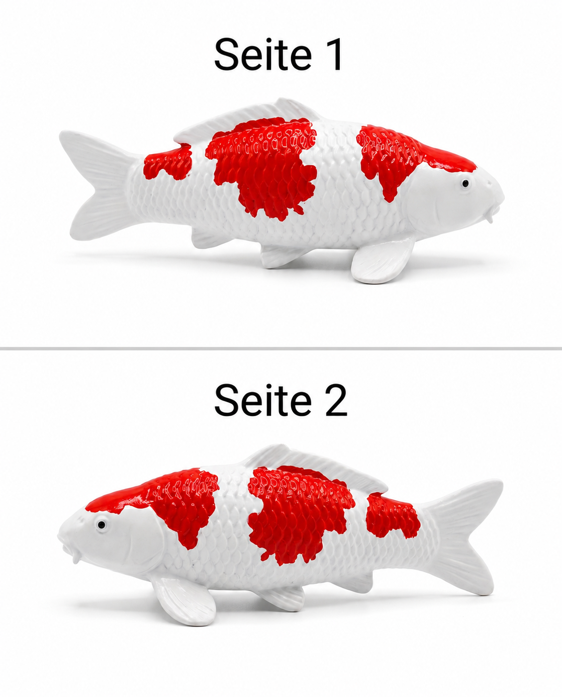 Handbemalte Kohaku 2 Koi-Fischfigur in Rot und Weiß von beiden Seiten auf weißem Hintergrund