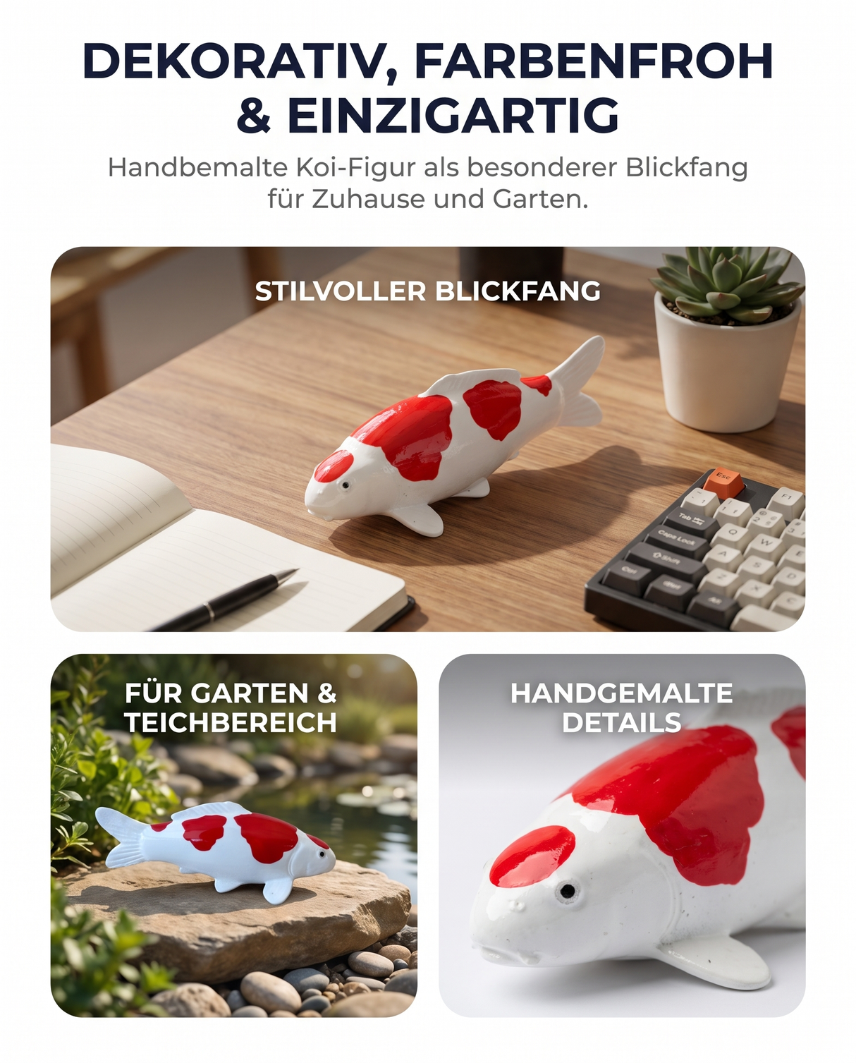 Handbemalte Kohaku Koi-Figur in Rot-Weiß als besondere Fischfigur und Japan-Deko für Wohnbereich, Schreibtisch, Garten, Terrasse und Teichbereich