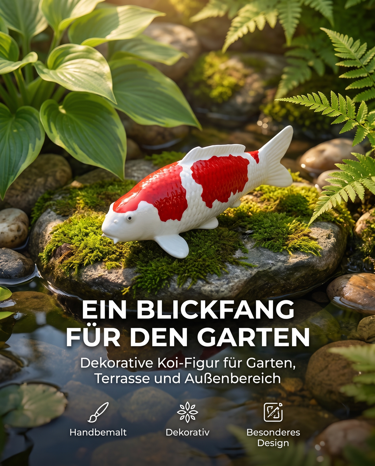 Kohaku Koi-Figur auf einem Stein im Garten als stilvolle Japan-Deko für Teichbereich, Terrasse und Außenbereich