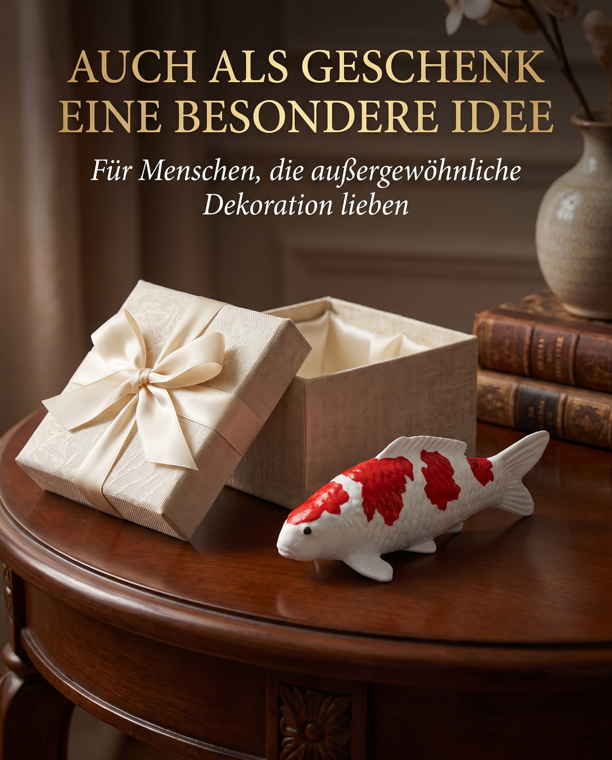 Handbemalte Kohaku Koi-Figur als besondere Geschenkidee neben einer eleganten Geschenkbox